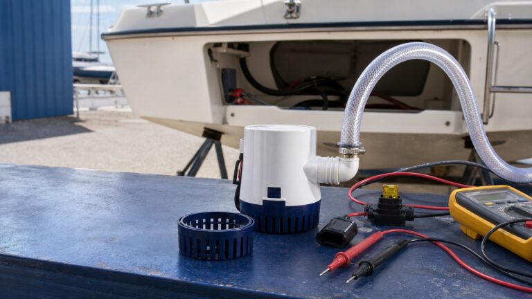 Unbranded bilge pump troubleshooting setup with hose, fuse holder, and multimeter beside a boat